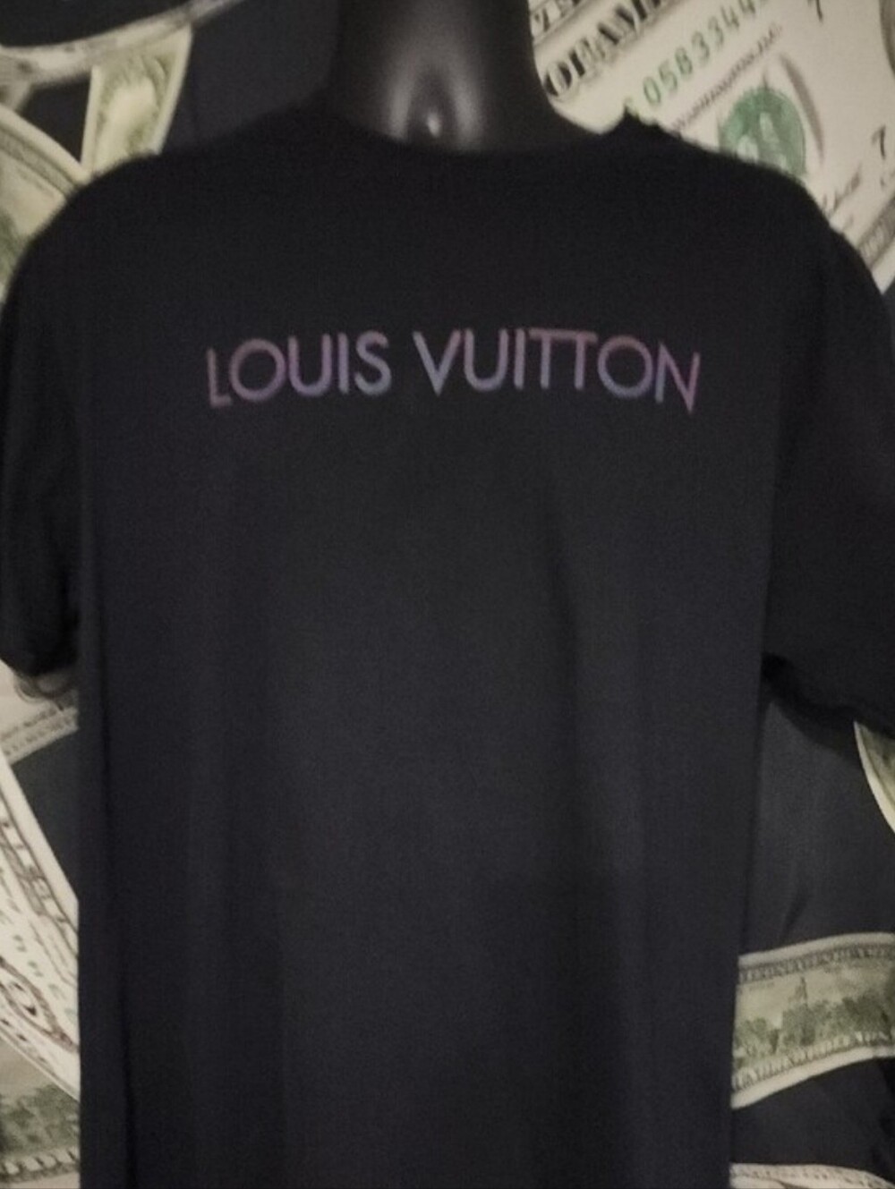 Louis Vuitton Black Short-Sleeve Tee with Rainbow Reflective Logo